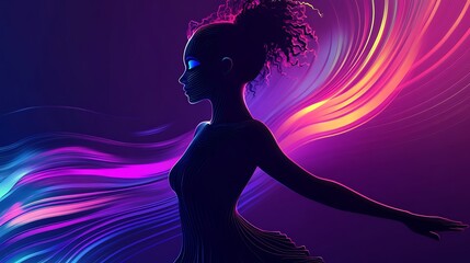 Poster - Abstract woman silhouette with vibrant, swirling neon background.