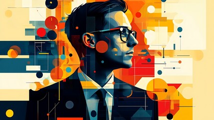 Poster - Abstract geometric portrait of a man in a suit, profile view, looking to the right, vibrant colors.