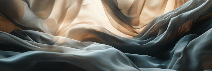 Poster - Draped fabric texture with flowing folds creating dynamic shadows and soft lighting effects