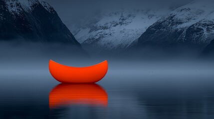 Canvas Print - Orange boat on calm fjord, snowy mountains. Peaceful scene, nature photography