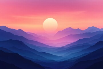 Poster - Colorful sunset over layered mountains reflecting tranquil evening hues. Generative AI