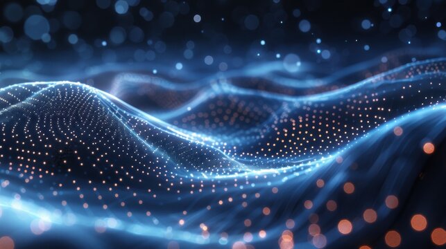 Flowing particle wave, abstract tech design, hi-tech big data background for business cards, banners, and brochures
