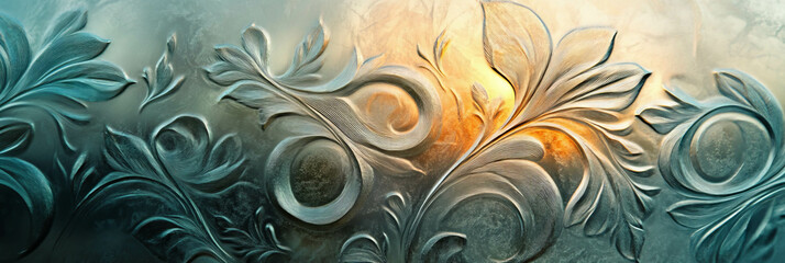 Poster - Frosted glass with intricate floral patterns reflecting soft light in a serene setting