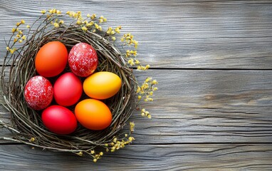 This captivating image features brightly colored Easter eggs surrounded by twigs and natural elements, evoking a sense of joy, renewal, and traditional celebration during the Easter holiday.