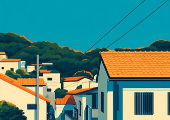 Canvas Print - Sunny village street, houses, mountains, graphic illustration