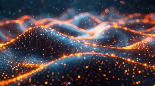 Flowing particle wave, abstract tech design, hi-tech big data background for business cards, banners, and brochures