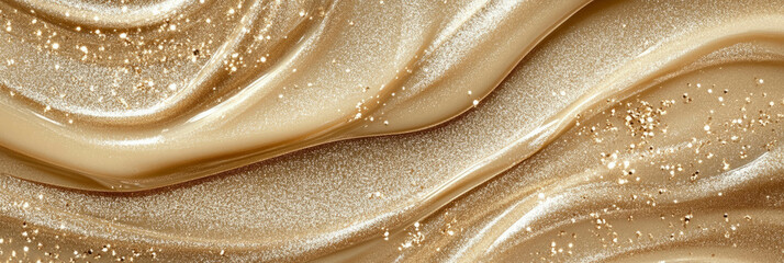 Poster - Golden beige shimmering gel with viscous flow showcasing delicate light reflections
