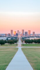 Wall Mural - Sunrise cityscape vista, pathway leading to city skyline