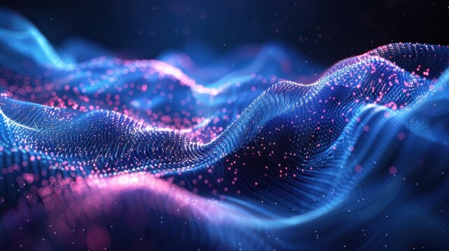 Flowing particle wave, abstract tech design, hi-tech big data background for business cards, banners, and brochures