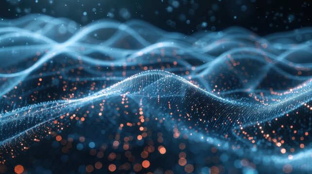 Flowing particle wave, abstract tech design, hi-tech big data background for business cards, banners, and brochures