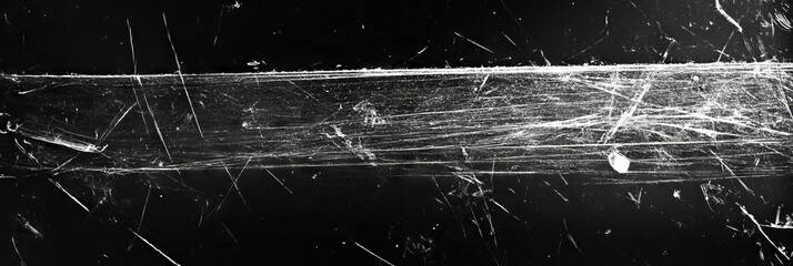 Poster - Unique scratched film texture with jagged marks and random grain on a black background