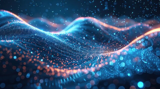 Flowing particle wave, abstract tech design, hi-tech big data background for business cards, banners, and brochures