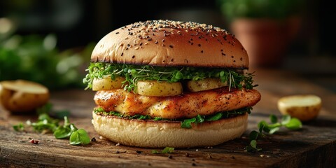 Wall Mural - Delicious grilled chicken burger with fresh lettuce and pineapple served on a wooden board