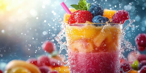 Wall Mural - Colorful fruit smoothie splashing in glass with fresh berries and tropical fruits during a sunny day