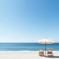 Poster - Enjoy a tranquil beach experience with lounge chairs and ocean waves under a clear blue sky. Generative AI
