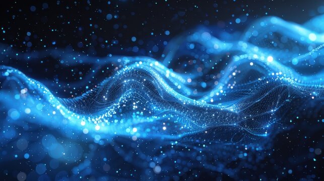 Flowing particle wave, abstract tech design, hi-tech big data background for business cards, banners, and brochures