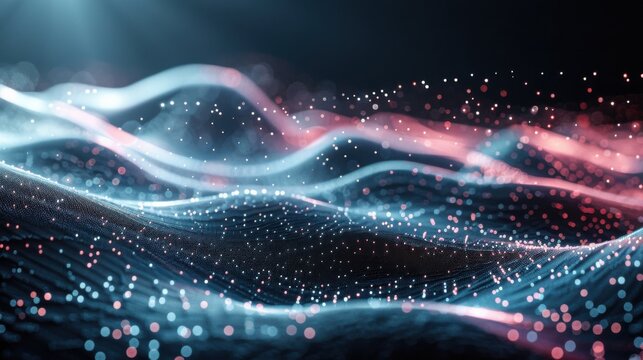 Flowing particle wave, abstract tech design, hi-tech big data background for business cards, banners, and brochures