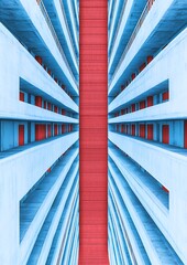 Wall Mural - Urban High-Rise Corridor, Red Path, Light Blue Facade, Abstract Perspective