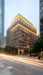 Canvas Print - Urban Office Building at Dusk with Traffic Trails