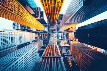 Canvas Print - Urban Skyline, Aerial Perspective of Skyscrapers, City Center, Sunrise/Sunset Background