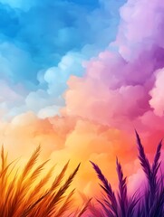 Canvas Print - Vibrant colorful sky clouds sunset with grasses