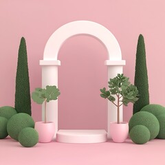 Wall Mural - White archway podium with plants on pink background