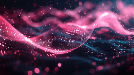 Fototapete - Flowing particle wave, abstract tech design, hi-tech big data background for business cards, banners, and brochures