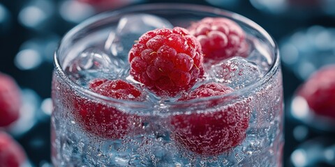 Refreshing raspberry drink with ice in crystal glass on a dark background