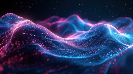 Fototapete - Flowing particle wave, abstract tech design, hi-tech big data background for business cards, banners, and brochures