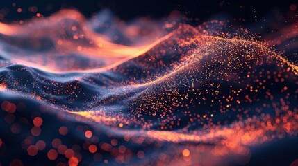 Fototapete - Flowing particle wave, abstract tech design, hi-tech big data background for business cards, banners, and brochures