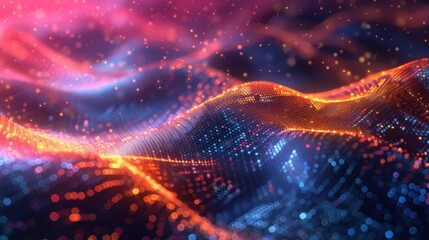 Fototapete - Flowing particle wave, abstract tech design, hi-tech big data background for business cards, banners, and brochures