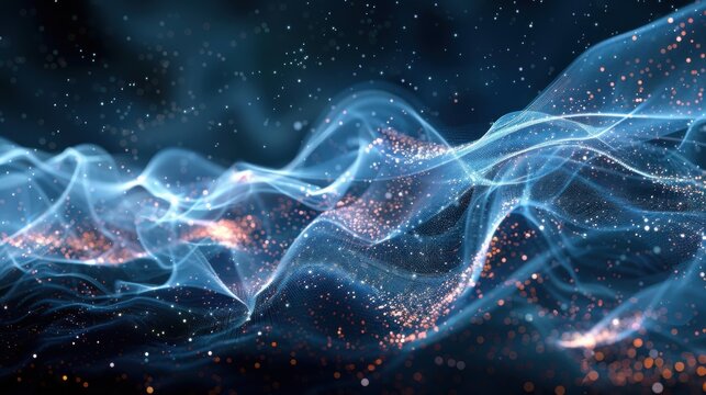 Flowing particle wave, abstract tech design, hi-tech big data background for business cards, banners, and brochures