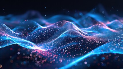 Fototapete - Flowing particle wave, abstract tech design, hi-tech big data background for business cards, banners, and brochures