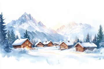 Aufkleber - Snow covered mountain village with cozy cabins during winter sunset near majestic peaks. Generative AI