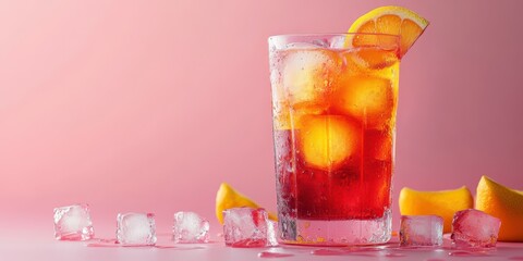 Refreshing drink with ice and citrus slices on a pink background in a summer setting