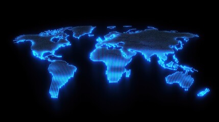 Poster - world map blue dots squares pixel art style neon on black background tech technology global globe in