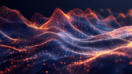 Fototapete - Flowing particle wave, abstract tech design, hi-tech big data background for business cards, banners, and brochures