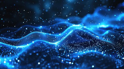 Fototapete - Flowing particle wave, abstract tech design, hi-tech big data background for business cards, banners, and brochures