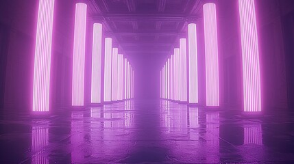 Wall Mural - Pink neon lights illuminate a classical hallway; futuristic background, ideal for music visuals