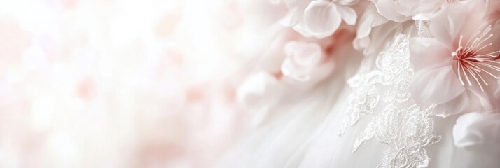 Poster - Intricate lace details on a white wedding dress with soft floral accents in a romantic setting. Generative AI
