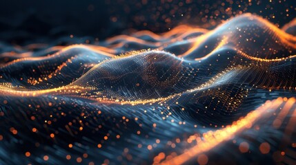 Fototapete - Flowing particle wave, abstract tech design, hi-tech big data background for business cards, banners, and brochures