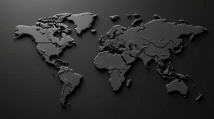 Poster - 3D World Map White Relief on Black Background: A 3D world map with white relief details on a black background, showcasing global geography and design.