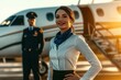 © Aliaksandr Barouski - Confident flight attendant standing in front of a private jet
