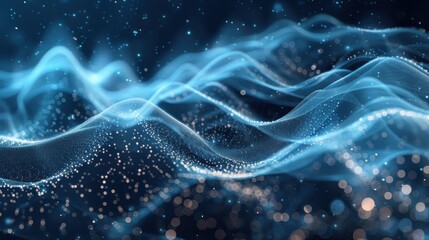 Fototapete - Flowing particle wave, abstract tech design, hi-tech big data background for business cards, banners, and brochures