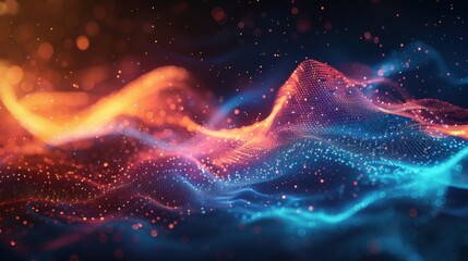 Fototapete - Flowing particle wave, abstract tech design, hi-tech big data background for business cards, banners, and brochures