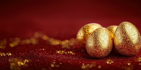 Sparkling golden eggs arranged on a rich red background during a festive celebration