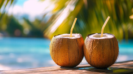 Two coconut with refreshing drinks and straws on wooden table under palm trees by the beach in tropical paradise on sunny day against blue ocean background