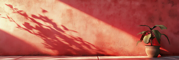 Poster - Subtle grunge texture of a light red wall with soft lighting and a plant in the corner