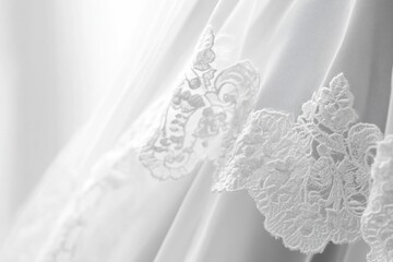 Poster - Intricate lace details on a white wedding dress ideal for elegant bridal designs and themes. Generative AI