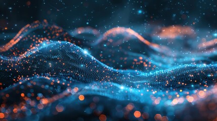 Fototapete - Flowing particle wave, abstract tech design, hi-tech big data background for business cards, banners, and brochures